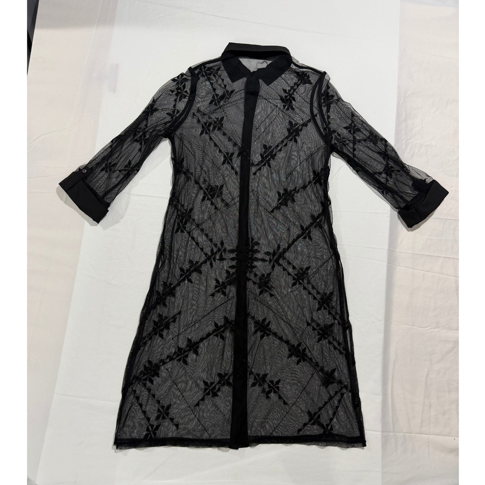Sheer Black Embroidered Mesh Longline Duster Shirt Cover Up - Picture 2 of 5